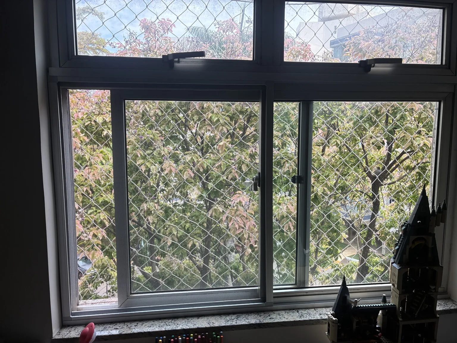 Vista frontal da tela mosquiteira com acabamento natural no conjunto de janelas — AOS 2, Bloco D, Octogonal.