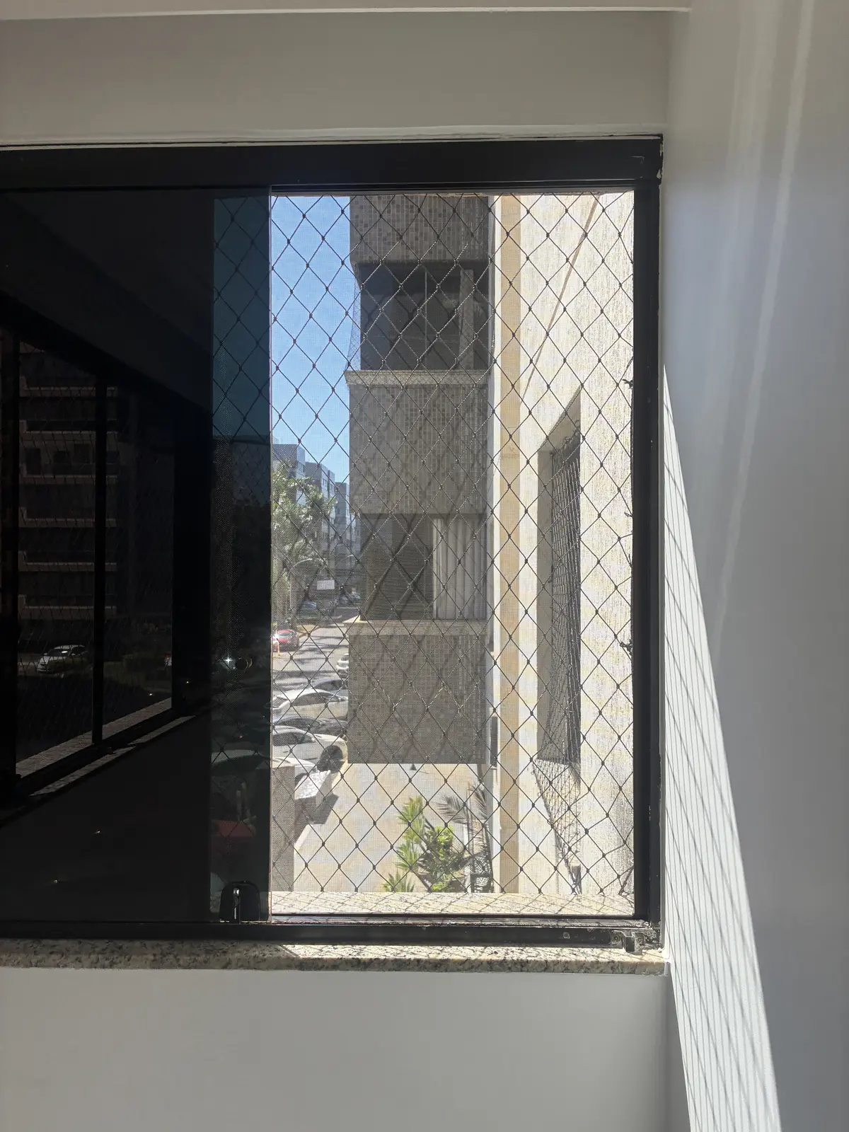 Rede de proteção em janela com esquadria preta e vista urbana no Sudoeste em Brasília