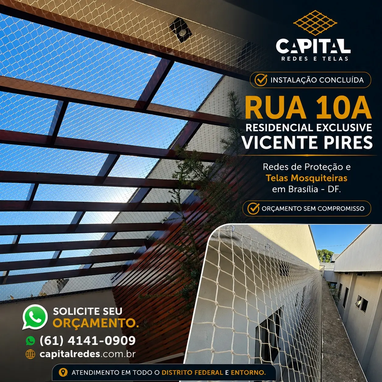 Rede de proteção instalada em cobertura e corredor residencial em Vicente Pires, Distrito Federal